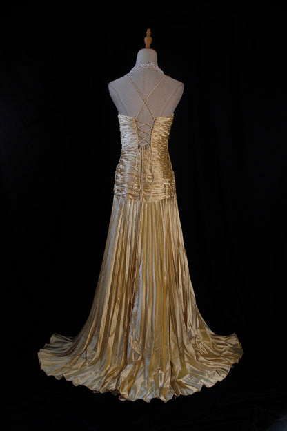 A-line Spaghetti Straps Satin Beaded Long Prom Dress V-neck Retro Evening Dress HZ1024