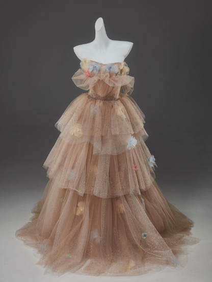 A-Line Off Shoulder Tulle Sequin Long Ball Dress Cute Layered Dress HZ1024
