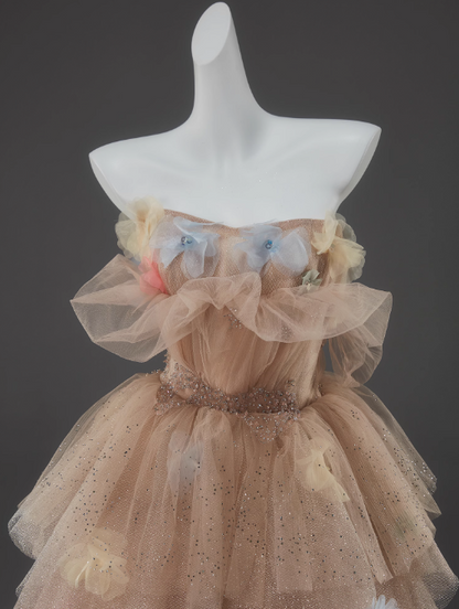 A-Line Off Shoulder Tulle Sequin Long Ball Dress Cute Layered Dress HZ1024
