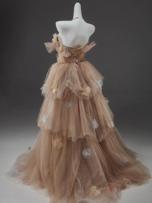 A-Line Off Shoulder Tulle Sequin Long Ball Dress Cute Layered Dress HZ1024