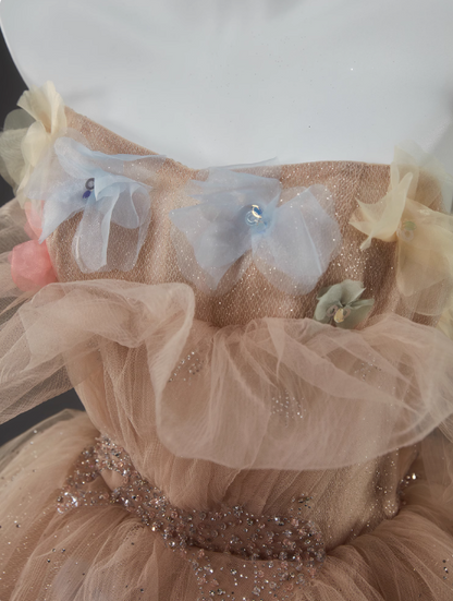 A-Line Off Shoulder Tulle Sequin Long Ball Dress Cute Layered Dress HZ1024