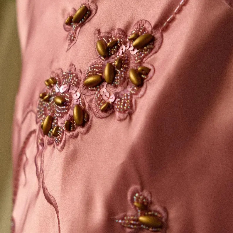A-line Pink Spaghetti Strap Satin Applique Retro Prom Dress Birthday Party Dress HZ1024