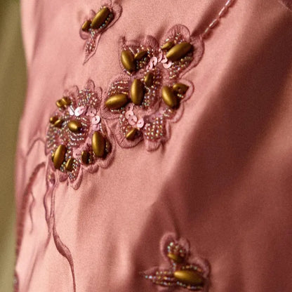 A-line Pink Spaghetti Strap Satin Applique Retro Prom Dress Birthday Party Dress HZ1024