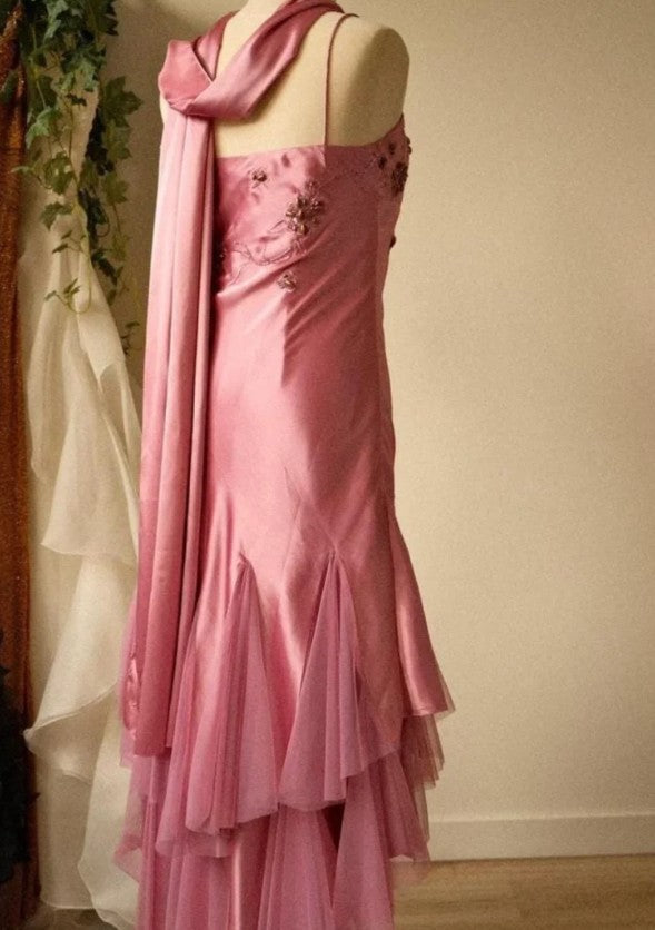 A-line Pink Spaghetti Strap Satin Applique Retro Prom Dress Birthday Party Dress HZ1024
