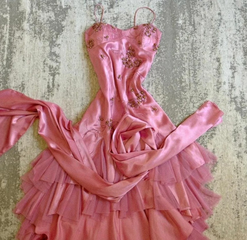 A-line Pink Spaghetti Strap Satin Applique Retro Prom Dress Birthday Party Dress HZ1024