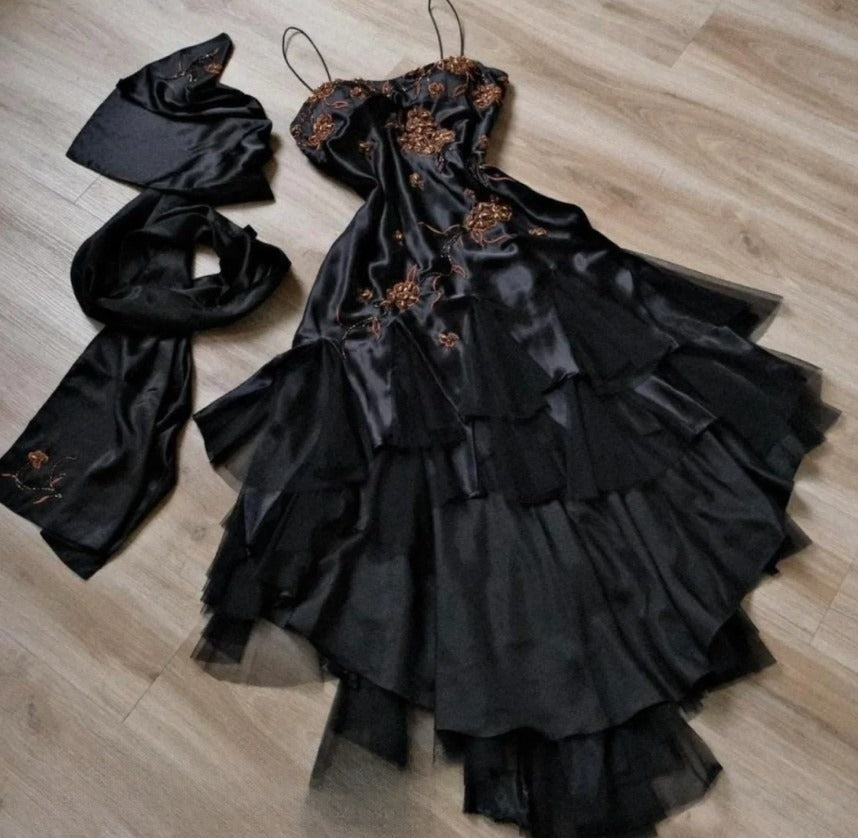 A-line Pink Spaghetti Strap Satin Applique Retro Prom Dress Birthday Party Dress HZ1024