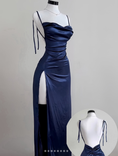 Navy Blue Spaghetti Strap Bodycon Satin  Elegant Prom Dresses Backless Party Dresses  ED01531
