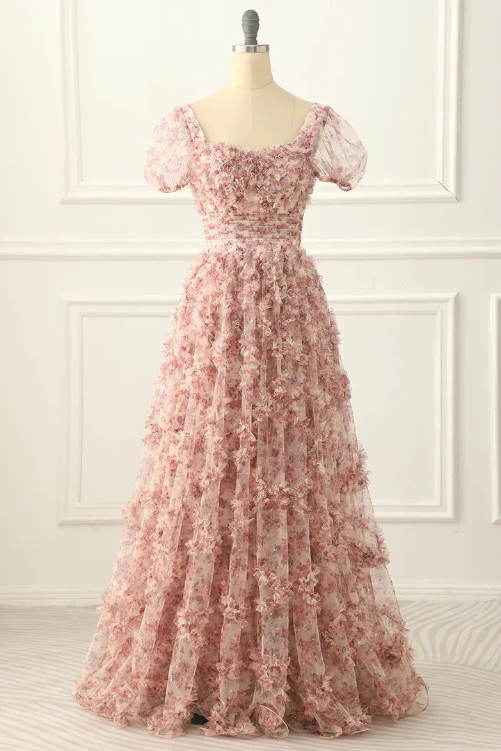 A-line Tulle Pleated Floral Long Prom Dress Adult Ceremony Graduation Prom Dress HZ1024
