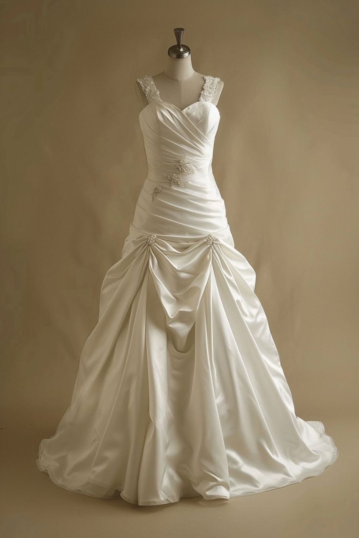 A-line Satin Lace Long Prom Dress Sweetheart Neck White Beaded Wedding Dress HZ1024