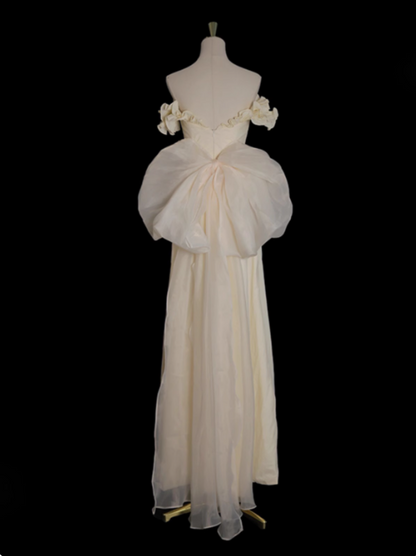 Yellow A-line Satin Off-shoulder Tulle Long Prom Dress Graduation Prom Dress Wedding Dress HZ1024