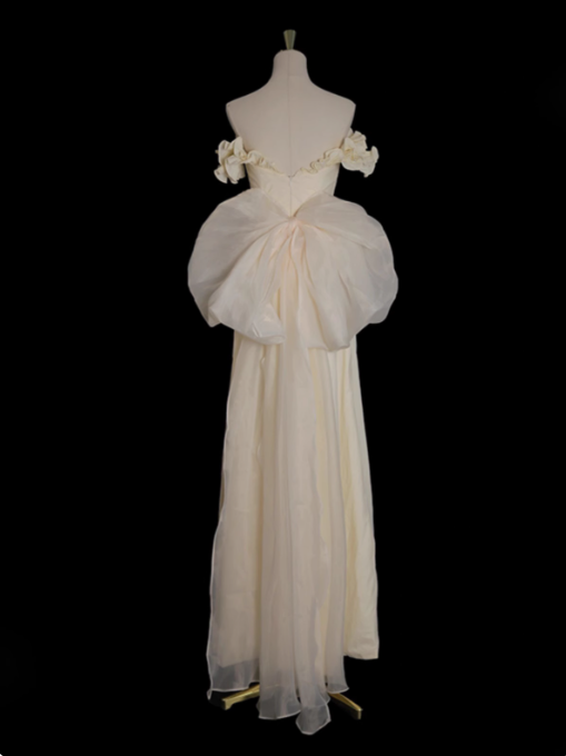 Light Yellow A-line Satin Off-shoulder Tulle Long Prom Dress Graduation Prom Dress Wedding Dress ED01536