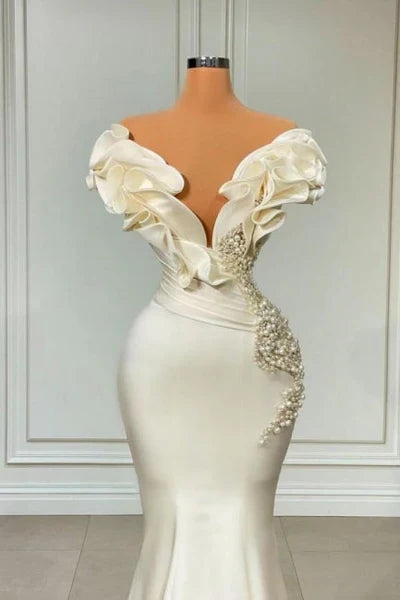 Classic White Mermaid V-neck Satin Pearl Ruffle Long Prom Dress Elegant Evening Dress ED01538