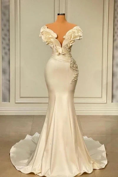 White Mermaid V-neck Satin Pearl Ruffle Long Prom Dress Elegant Evening Dress HZ1024