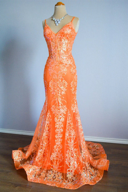 Mermaid Spaghetti Straps Sequins Applique Long Prom Dress Tulle Evening Dress HZ1024