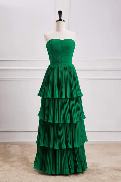 Green A-line Chiffon Strapless Layers Long Prom Dress Formal Evening Dress HZ1024