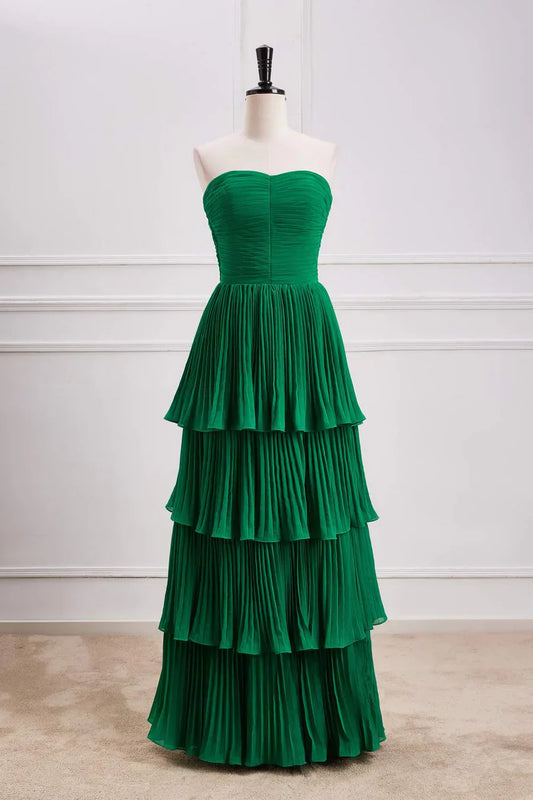 Green A-line Chiffon Strapless Layers Long Prom Dress Formal Evening Dress HZ1024