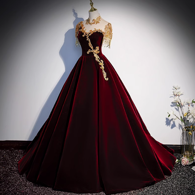 A-line Velvet Beaded Sequined Long Prom Dress with Gold Appliques Formal Evening Gown HZ1024