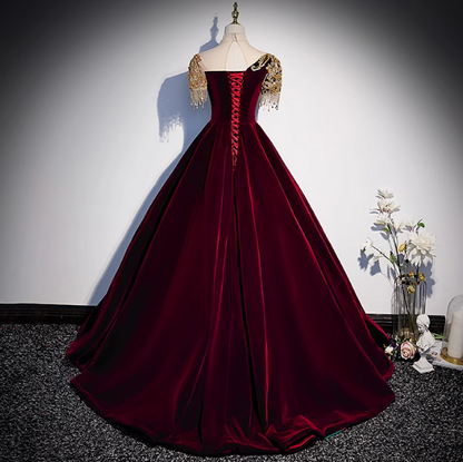 A-line Velvet Beaded Sequined Long Prom Dress with Gold Appliques Formal Evening Gown HZ1024