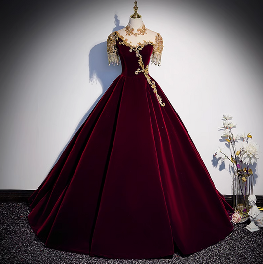 A-line Velvet Beaded Sequined Long Prom Dress with Gold Appliques Formal Evening Gown HZ1024