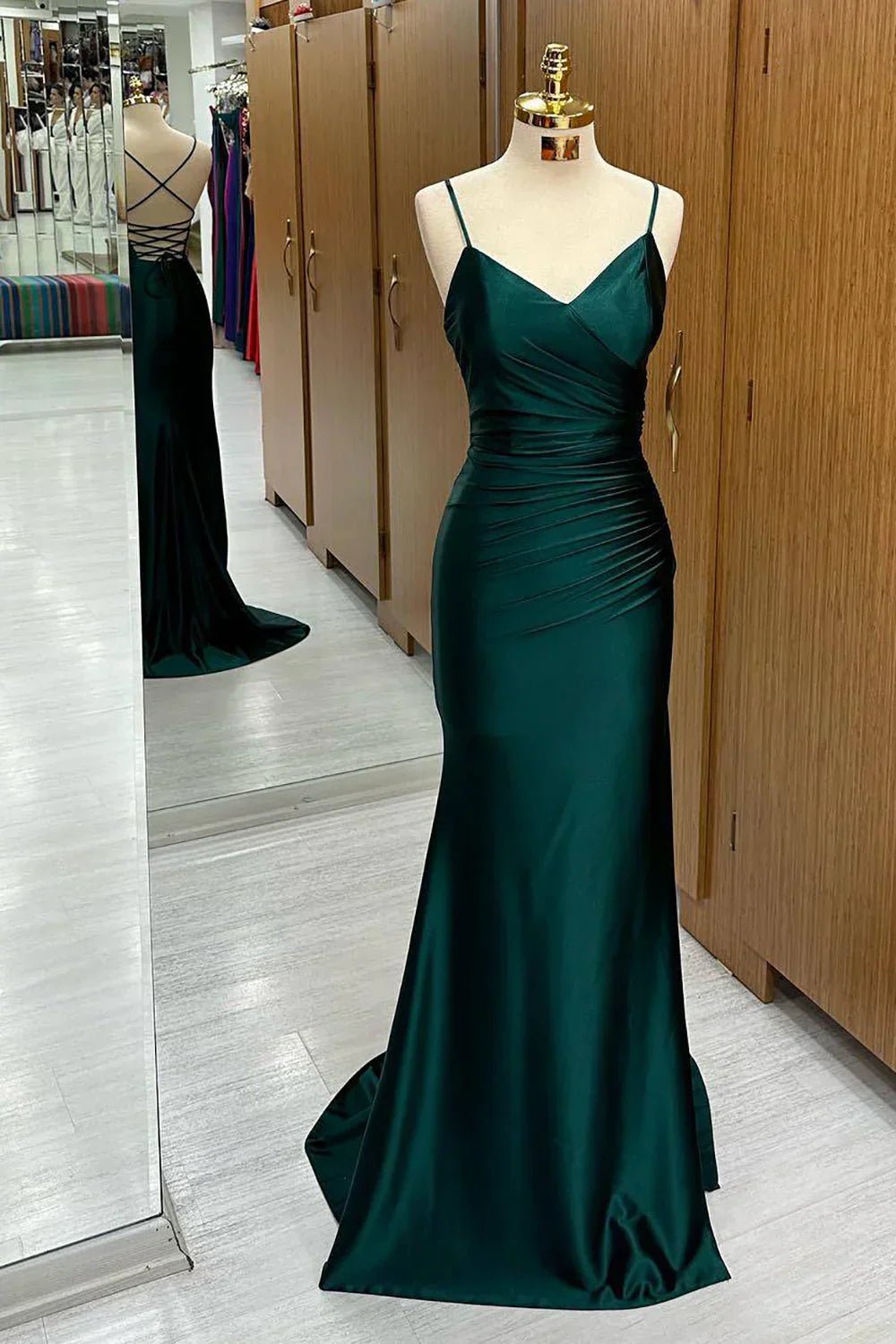 Dark Green Mermaid Spaghetti Strap Satin Long Prom Dress HZ1024