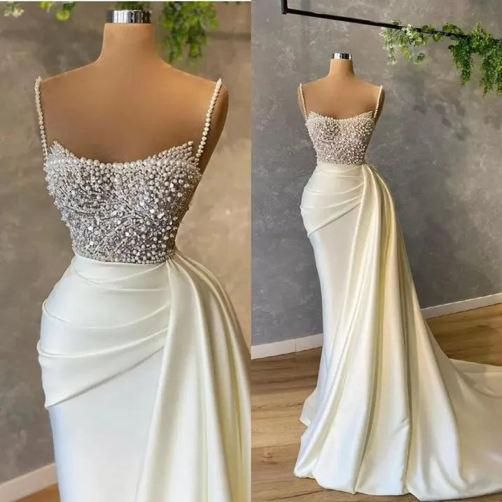 Satin Spaghetti strap Sweetheart Sequined Beaded Long Prom Dress Gorgeous Evening Dress HZ1024