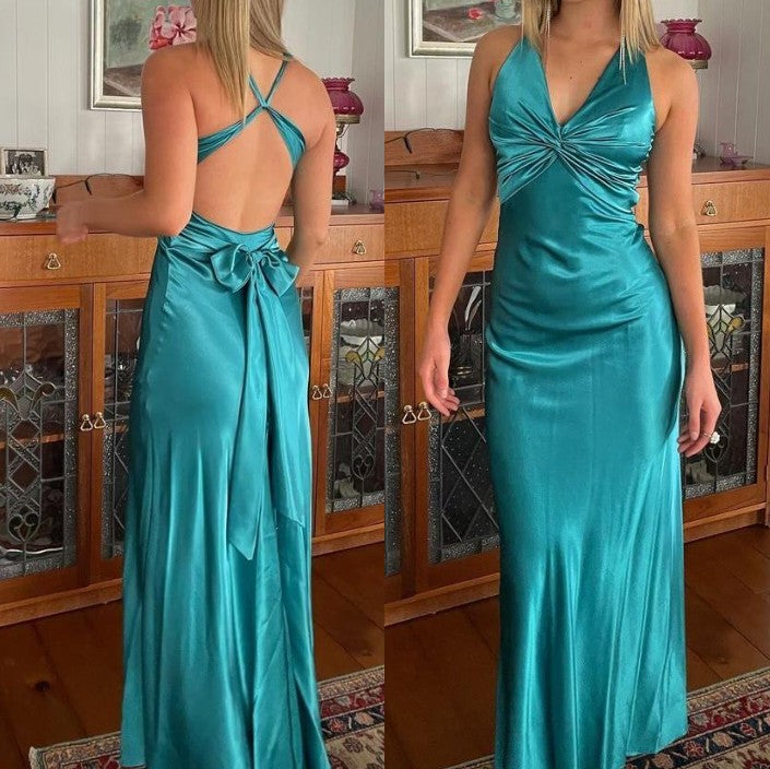 Simple Yellow __A-Line Long Prom Dress for Party&Guest-V Neck Satin Beautiful Backless Formal Evening Dress ED01548