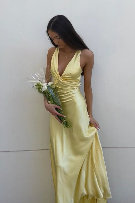 Simple Yellow __A-Line Long Prom Dress for Party&Guest-V Neck Satin Beautiful Backless Formal Evening Dress ED01548