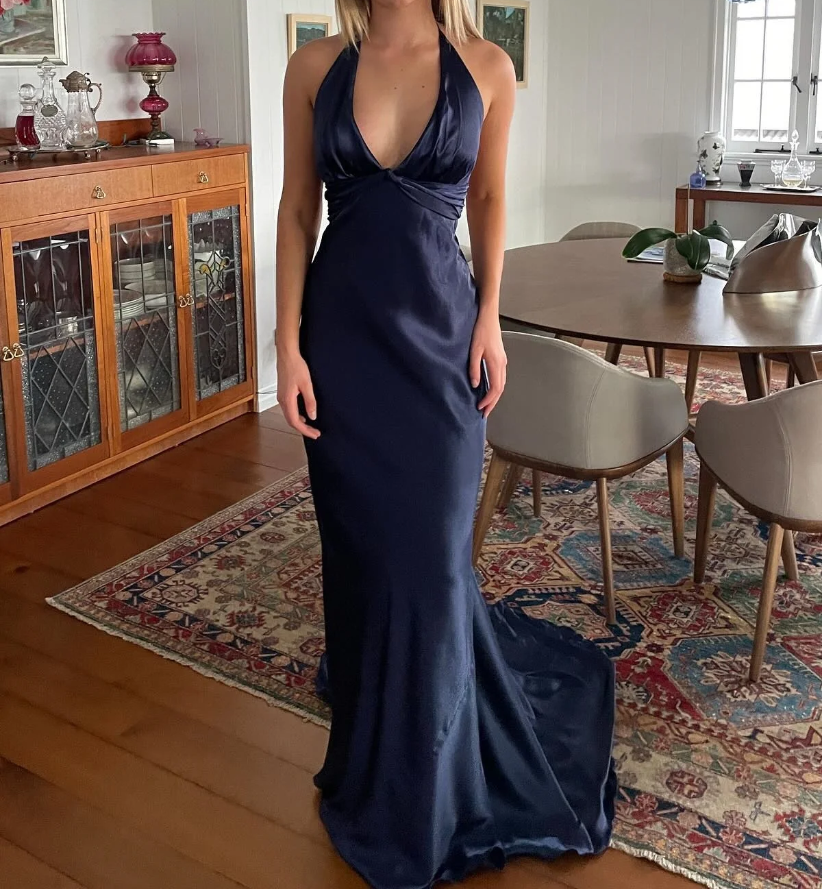 Yellow ??A-Line Long Prom Dress for Party&Guest-V Neck Satin Beautiful Backless Formal Evening Dress HZ1024