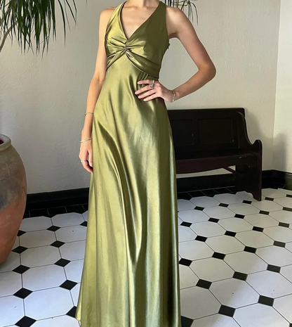 Yellow ??A-Line Long Prom Dress for Party&Guest-V Neck Satin Beautiful Backless Formal Evening Dress HZ1024