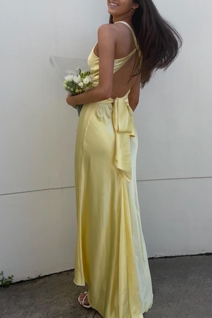 Yellow ??A-Line Long Prom Dress for Party&Guest-V Neck Satin Beautiful Backless Formal Evening Dress HZ1024