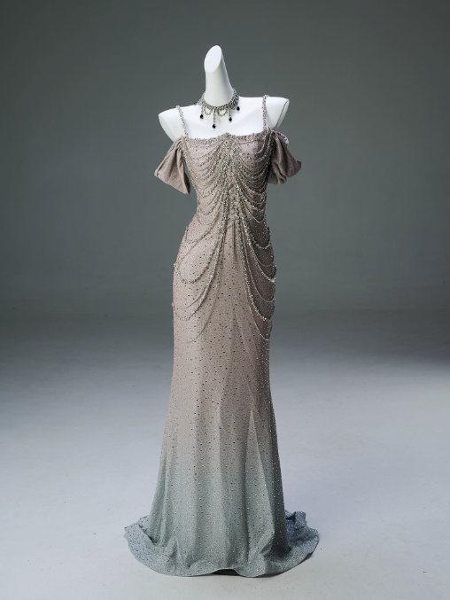 Straps Mermaid Beading Satin Long Prom Dress Rhinestone Formal Evening Dress HZ1024