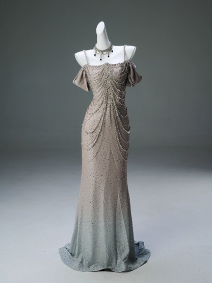 Straps Mermaid Beading Satin Long Prom Dress Rhinestone Formal Evening Dress HZ1024