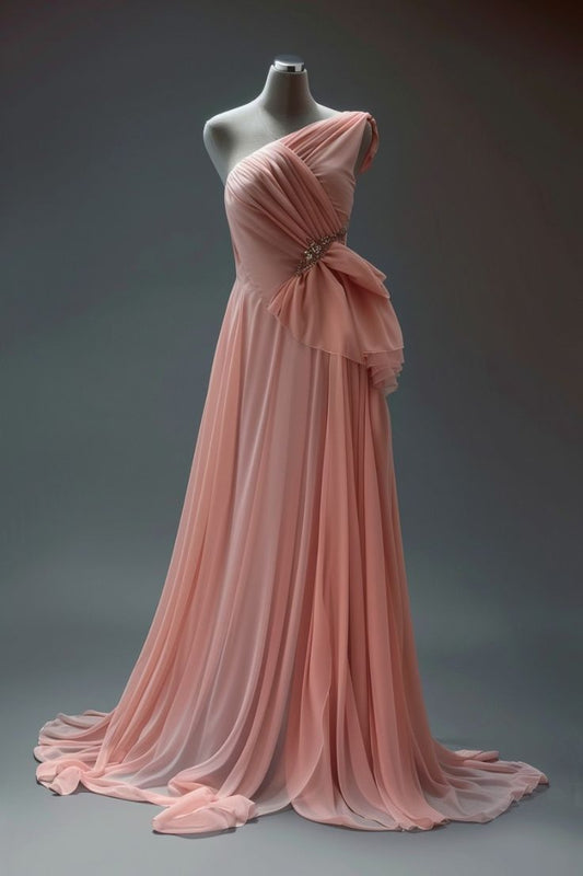 Peach A-line One Shoulder Chiffon Long Prom Dress Simple Bridalmaid Dress ED01552