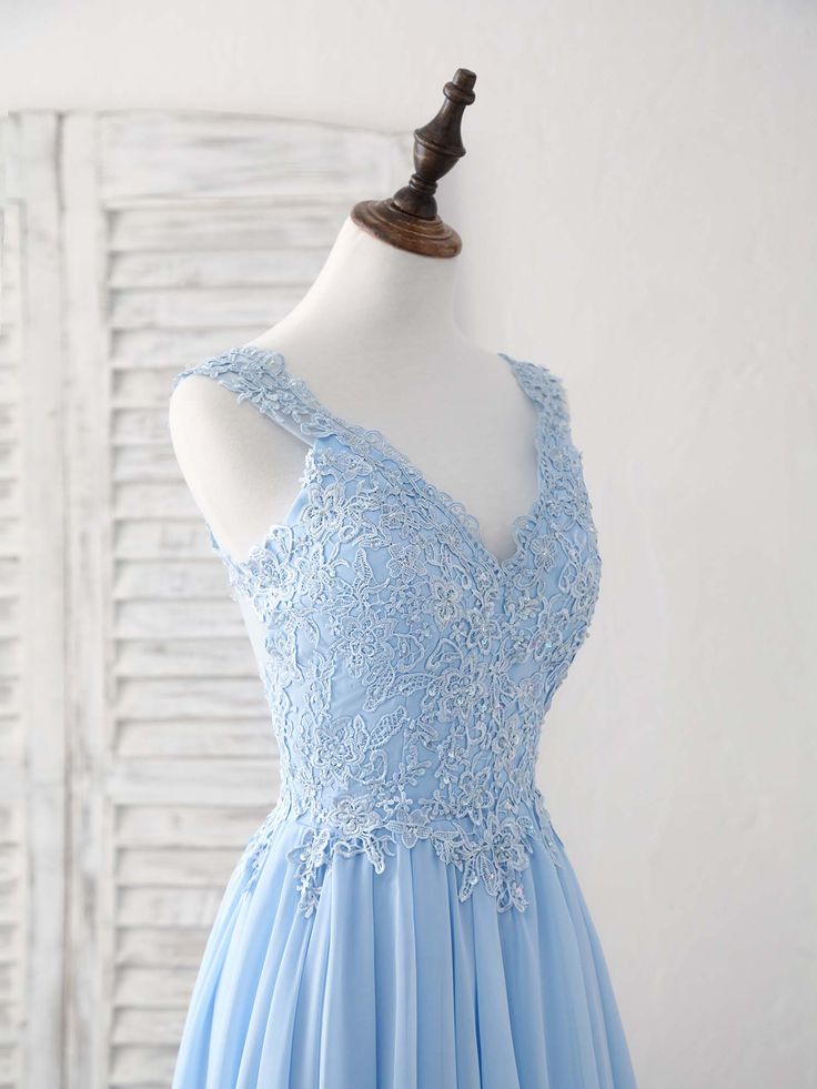 Blue A-line V Neck Applique Chiffon Long Prom Dress Lace Spaghetti Strap Bridesmaid Dress HZ1024