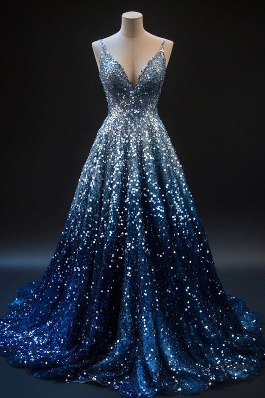 Blue A-line Spaghetti Straps Sequins Long Prom Dress V-neck Evening Gown HZ1024