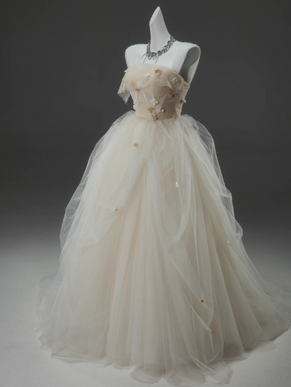 Off-White A-line Straps Tulle Long Prom Dress Simple Applique Wedding Dress ED01556