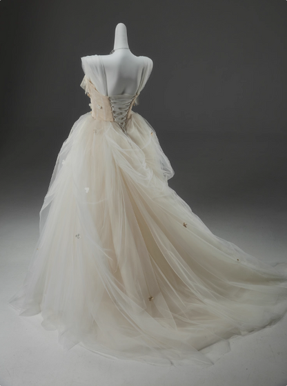 A-line Straps Tulle Long Prom Dress Simple Applique Wedding Dress HZ1024