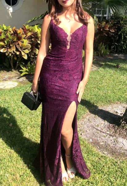 Elegant  Mermaid Formal Dresses Under $170__ Charming Grape Spaghetti Straps Applique Long Backless Prom Dress With Slit  ED01559