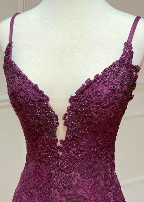 Elegant  Mermaid Formal Dresses Under $170__ Charming Grape Spaghetti Straps Applique Long Backless Prom Dress With Slit  ED01559