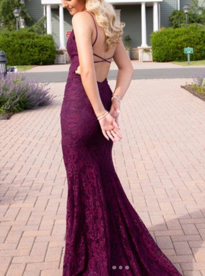 Elegant  Mermaid Formal Dresses Under $170__ Charming Grape Spaghetti Straps Applique Long Backless Prom Dress With Slit  ED01559