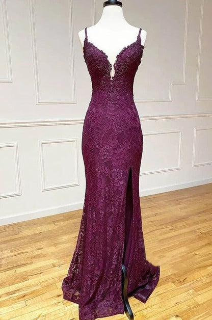 Elegant  Mermaid Formal Dresses Under $170__ Charming Grape Spaghetti Straps Applique Long Backless Prom Dress With Slit  ED01559