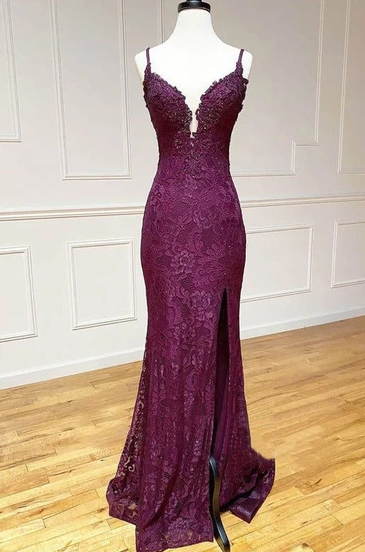 Elegant  Mermaid Formal Dresses Under $170__ Charming Grape Spaghetti Straps Applique Long Backless Prom Dress With Slit  ED01559