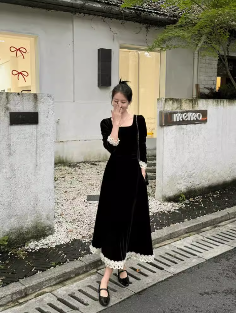 classic retro square neck waist heavy black dress HZ1024