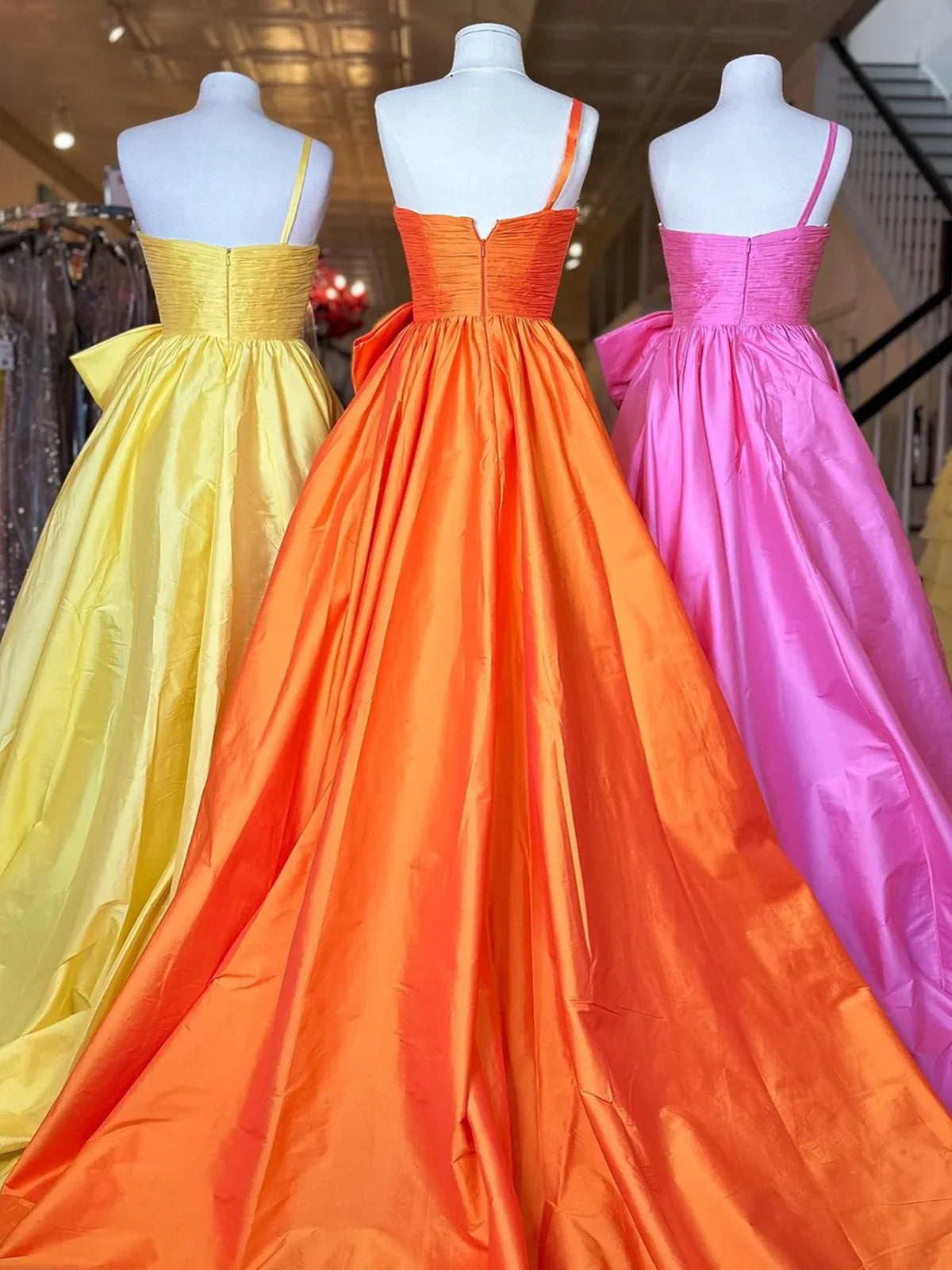 A-line one shoulder satin long prom dress with bow ED01562
