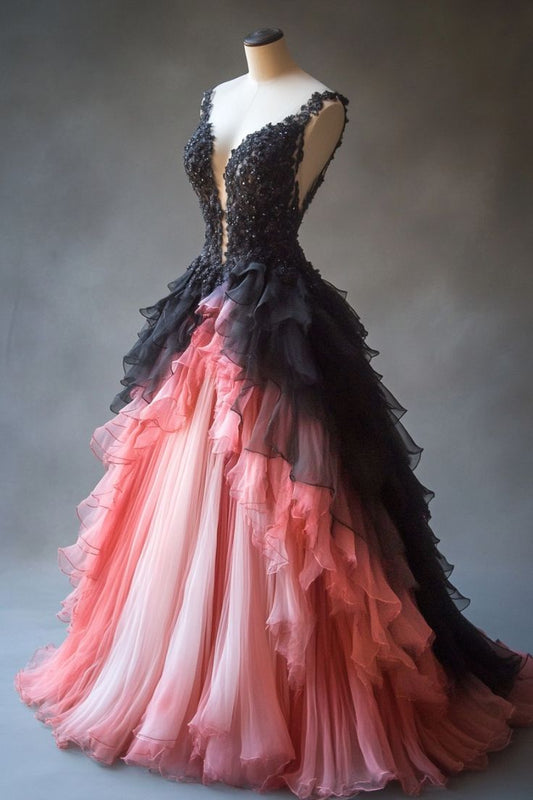 A-line Tulle Lace Deep V Neck Long Prom Dresses, Layered Beaded Evening Dress HZ1024
