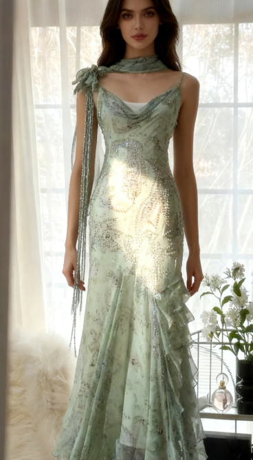 Elegant Green Mermaid  Formal Dresses Beaded Chiffon Open Back Long Prom Dresses Spaghetti Straps Guest Dresses ED01564