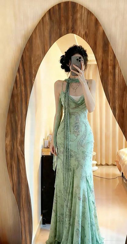 Elegant Green Mermaid  Formal Dresses Beaded Chiffon Open Back Long Prom Dresses Spaghetti Straps Guest Dresses ED01564