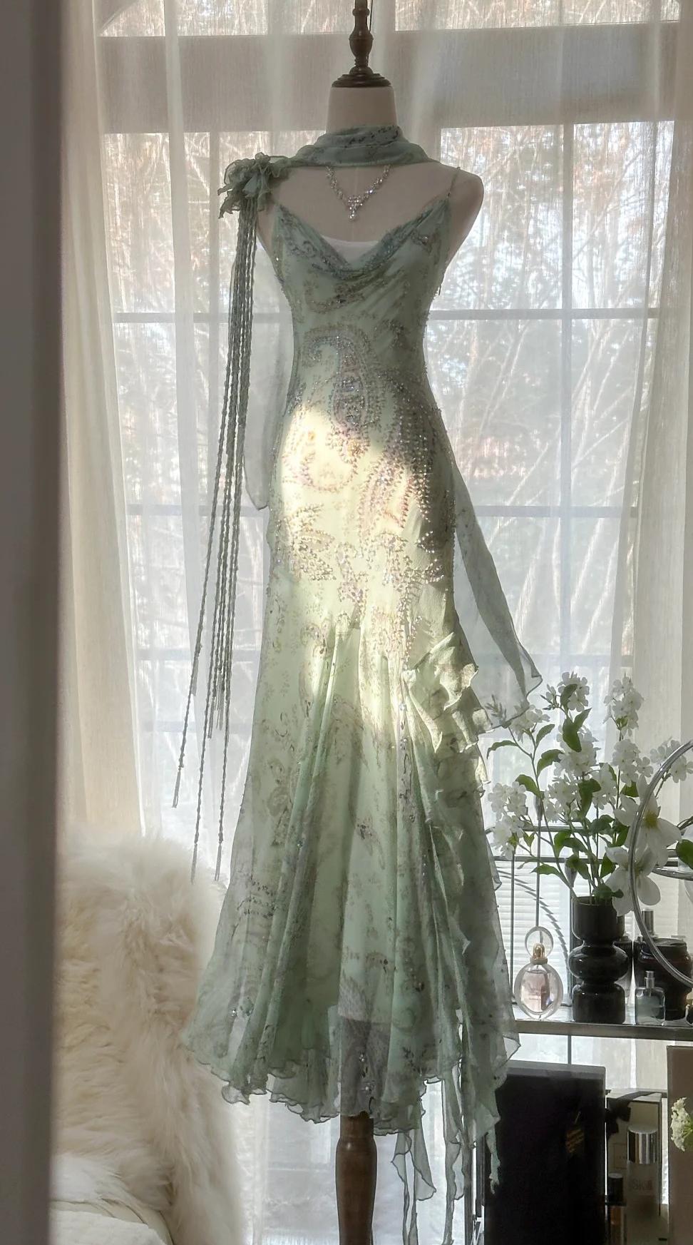 __ Fairytale Pink Spaghetti Straps Mermaid Evening Gowns Vintage Elegant Beaded Silk Long Prom Dress Guest Dresses  ED01724