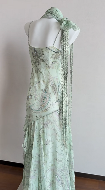 Elegant Green Mermaid  Formal Dresses Beaded Chiffon Open Back Long Prom Dresses Spaghetti Straps Guest Dresses ED01564