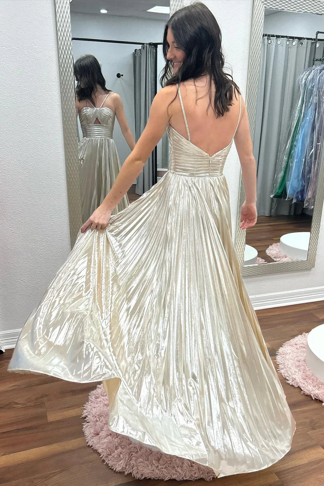 Metallic A-line Spaghetti Strap Long Prom Dress with Slit ED01567